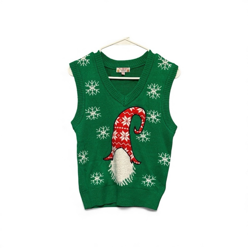 Poof! Green Christmas Gnome Design Sweater Vest Size Small